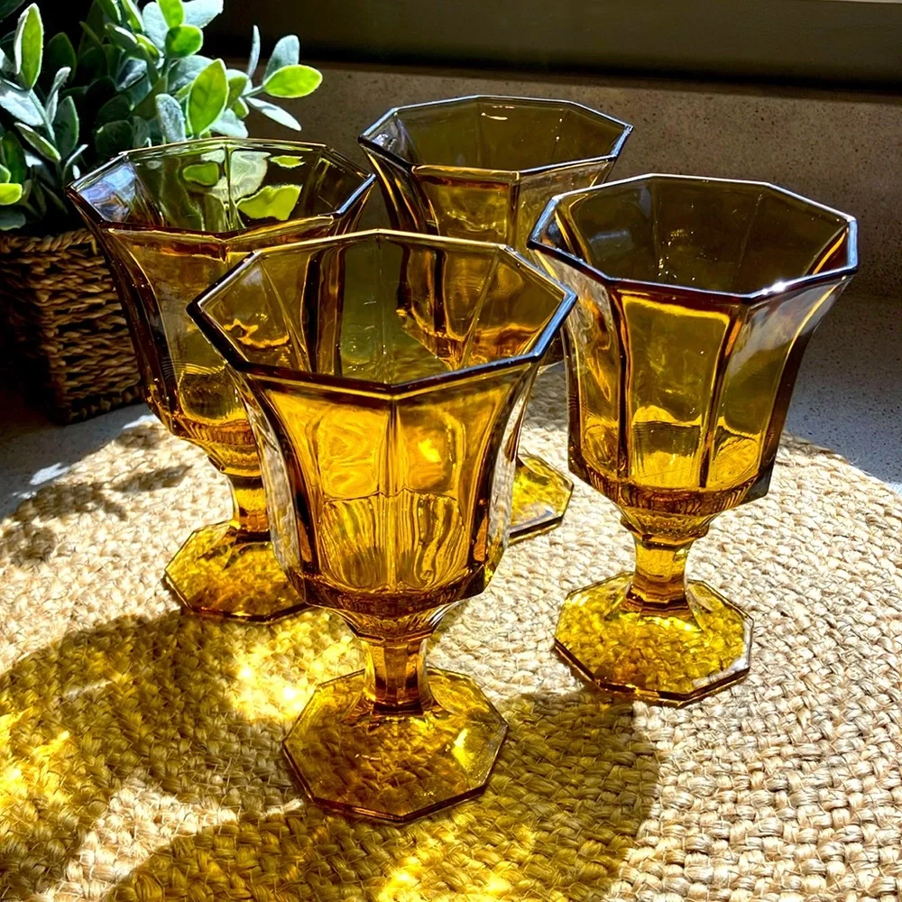 (4) Vintage Amber Octagonal Glasses by Independence